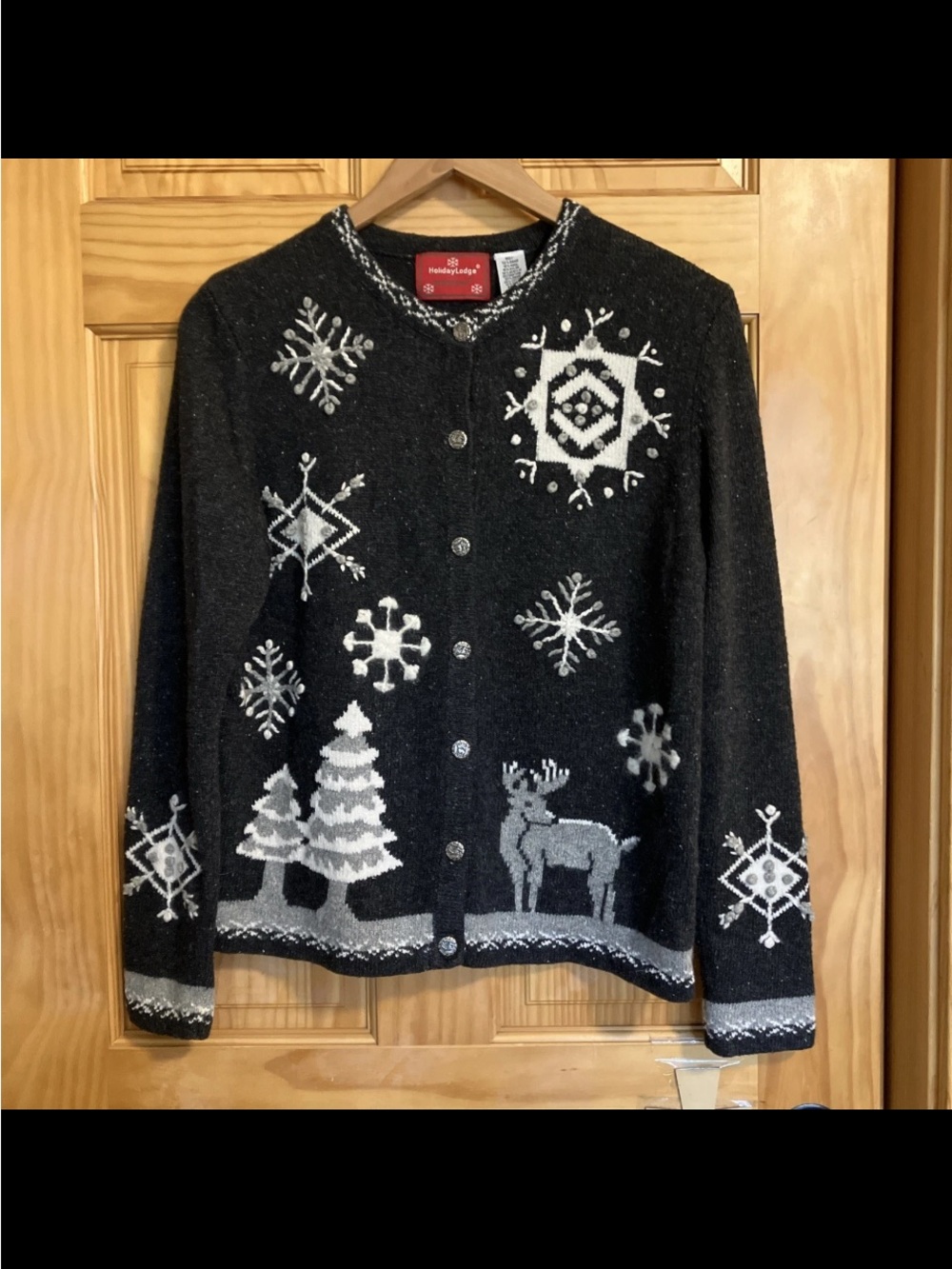 Holiday Lodge Black Button-Front Cardigan Sweater M Wool Blend